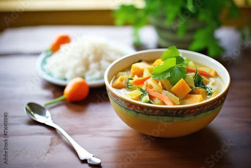 bowl of vegetable kurma with basmati rice garnish photo