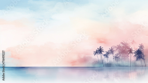 minimalism, simple watercolor illustration of palm trees, landscape sunny morning on a tropical seashore in delicate light pink and soft blue tones