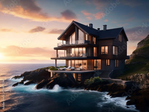 Luxury house on a cliff at sunset. 3d rendering. Created using generative AI tools