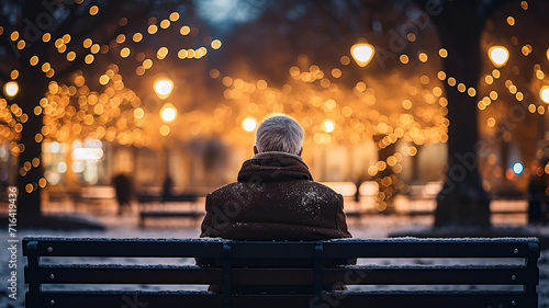 lonely old man on a bench in the city winter park, Christmas Eve snowfall, New Year's background photo