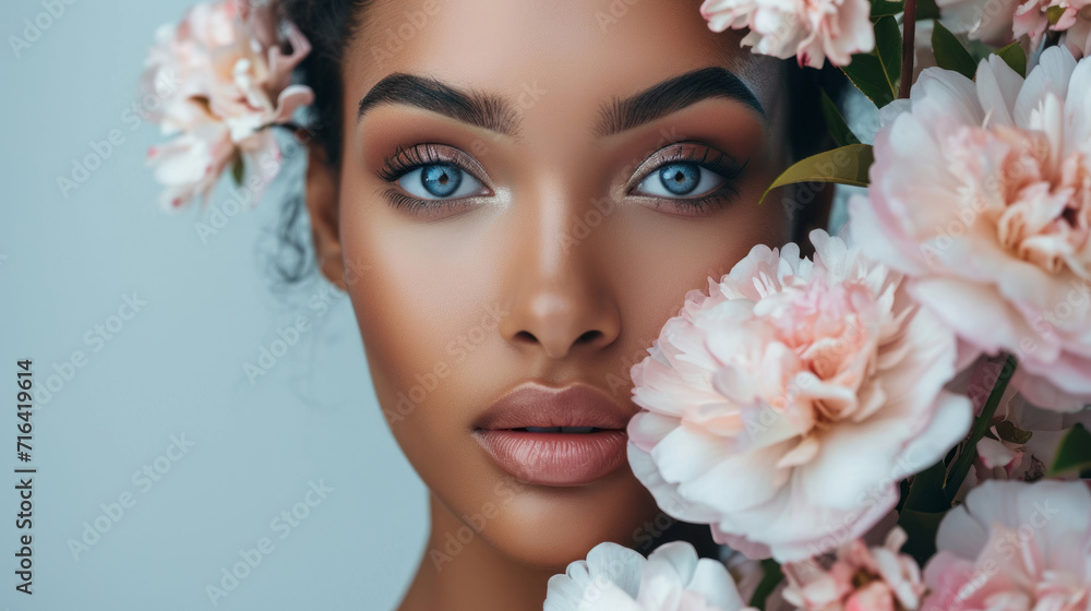 Beautiful girl with flowers. Stunning brunette girl with big bouquet flowers of roses. Closeup face of young beautiful woman with a healthy clean skin. Pretty woman with bright makeup.