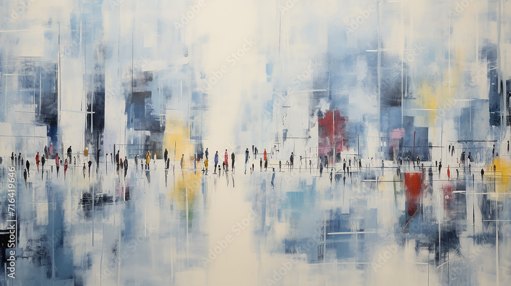 city, crowd of people on the street, art work painting in impressionism style, light background white and blue shade design
