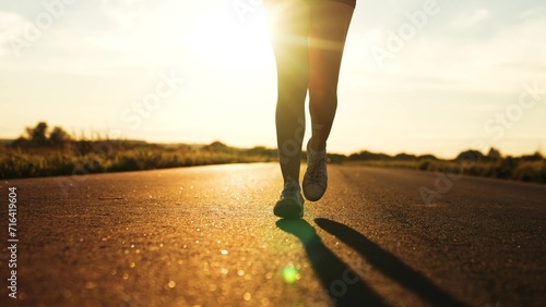 silhouette sports girl running along road sunset, legs close-up, cardio workout workout, fit athlete, sprint endurance exercise, energetic female runner training competition, young active sport