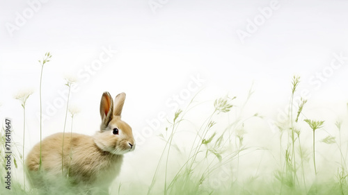 rabbit, Easter spring greeting, young green grass on a white background of nature, wild animal in the field © kichigin19