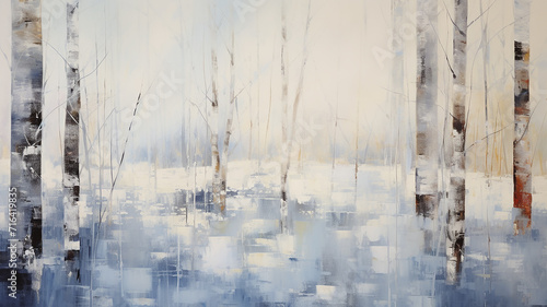 background winter birch forest, abstract expression of tree trunks oil painting paint photo