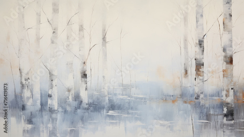 background winter birch forest, abstract expression of tree trunks oil painting paint