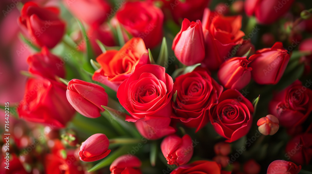 Big bouquet in red with roses and tulips for feelings of love. Romantic background for valentins day ore mothers day. Big bouquet in red with roses and tulips for feelings of love. Romantic background for valentins day ore mothers day.