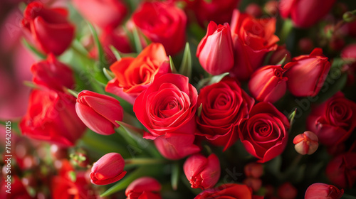 Big bouquet in red with roses and tulips for feelings of love. Romantic background for valentins day ore mothers day.