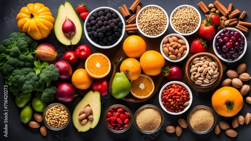 Vibrant health food assortment for fitness: fruits, vegetables, pulses, herbs, spices, nuts, grains.