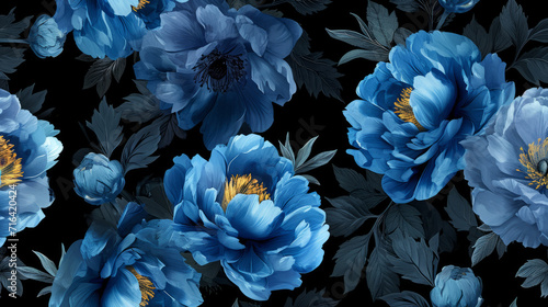 Fototapeta Naklejka Na Ścianę i Meble -  Blue flowers peonies and leaves on black background. Floral summer seamless pattern
