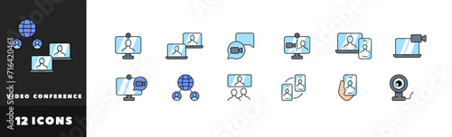Video conference icon set. Flat style. Vector icons