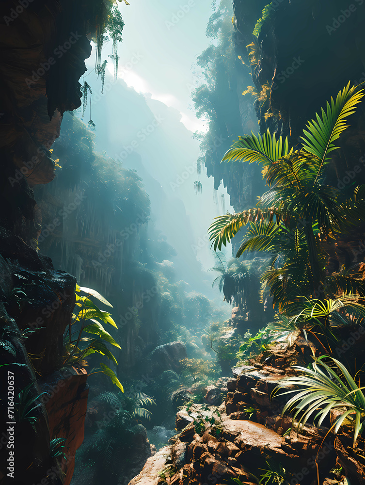 Rainforests Landscape, A Rocky Canyon With Trees And Plants
