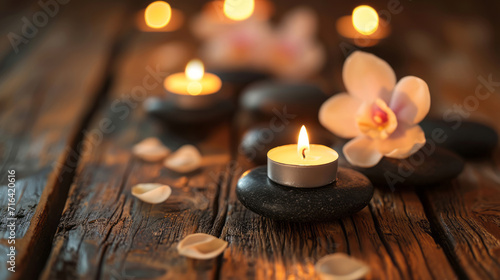 Candles and black hot stone on wooden background. Hot stone massage setting lit by candles. Massage therapy for one person with candle light. Beauty spa treatment and relax concept