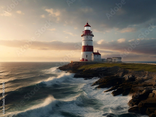 Lighthouse on the rock at sunset. Beautiful seascape. Created using generative AI tools