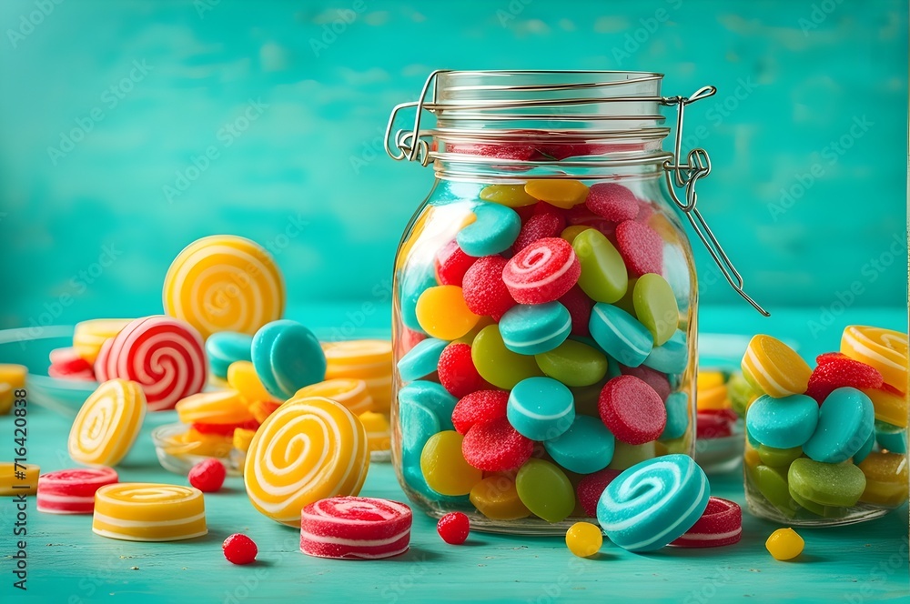 Jar of sweet colorful candy, perfect birthday gifts against a vibrant turquoise background.