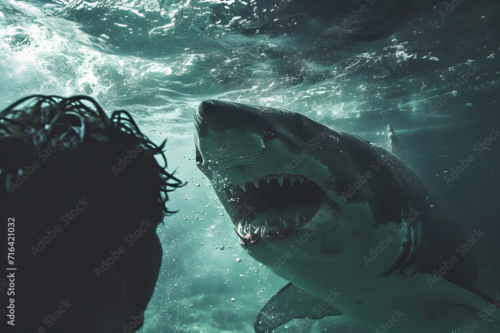 Obraz premium Man is attacked by a shark under water. Diving sports, risk and danger and panic attack victim concept.