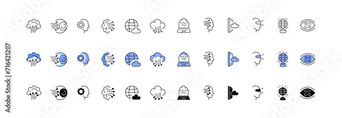 Virtual reality icon set. Linear, flat and silhouette style. Vector icons