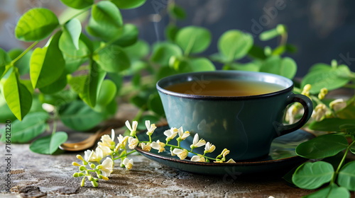 Cup of moringa herbal tea on the table with fresh leaves and flowers.