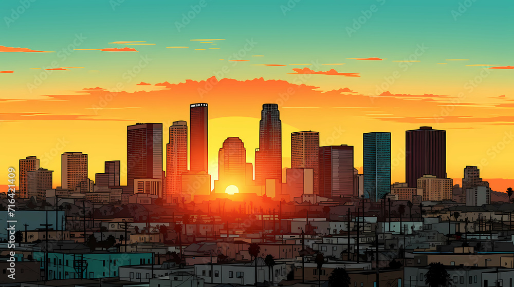 Illustration Of La Skyline, A City Skyline With The Sun Setting Behind It