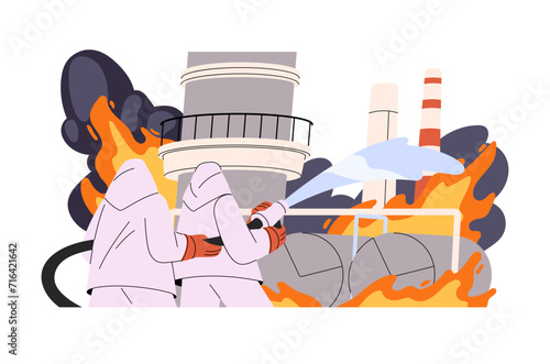 Firefighters extinguish fire with gear, equipment. Fighting with emergency, industrial accident. Firemen in uniform put out flame in factory buildings. Flat isolated vector illustration on white
