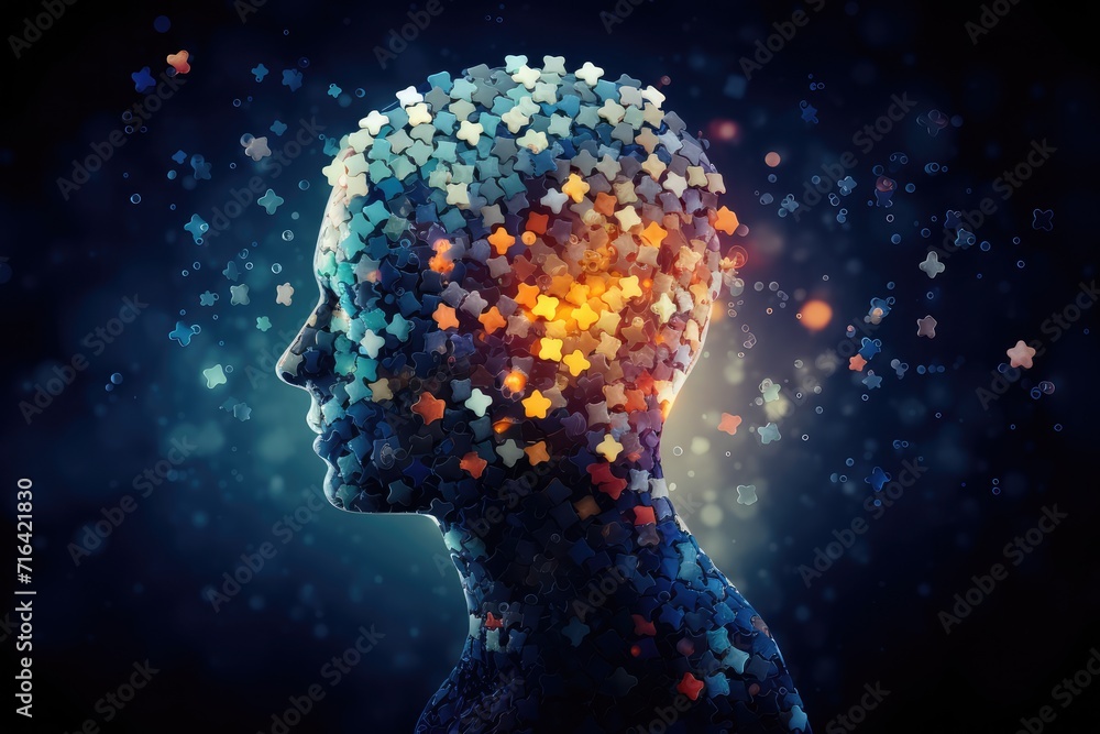 Cognitive decline, brain jigsaw puzzle disorder aging brain weave complex tapestry. Forgetfulness, dementia, creativity coalesce cerebral processes. Brainwave of neurodesign innovative brainstorming, Cognitive decline, brain jigsaw puzzle disorder aging brain weave complex tapestry. Forgetfulness, dementia, creativity coalesce cerebral processes. Brainwave of neurodesign innovative brainstorming,