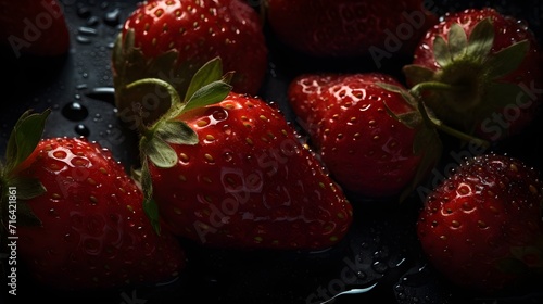 Fresh strawberries with water splashes and drops on black background