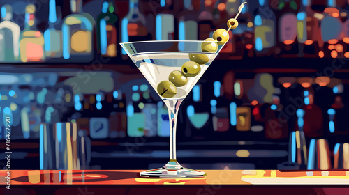 Illustration of a classic martini cocktail with olives in a stemmed glass on a bar created.