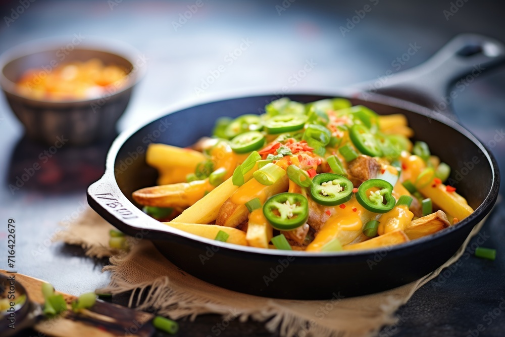 cheesy fries with jalapenos on a skillet cheesy fries with jalapenos on a skillet