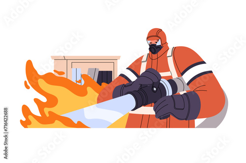 Brave firefighter spraying water to extinguish fire in house. Professional fireman in safety uniform puts out burning building with hydrant, hose. Flat isolated vector illustration on white background