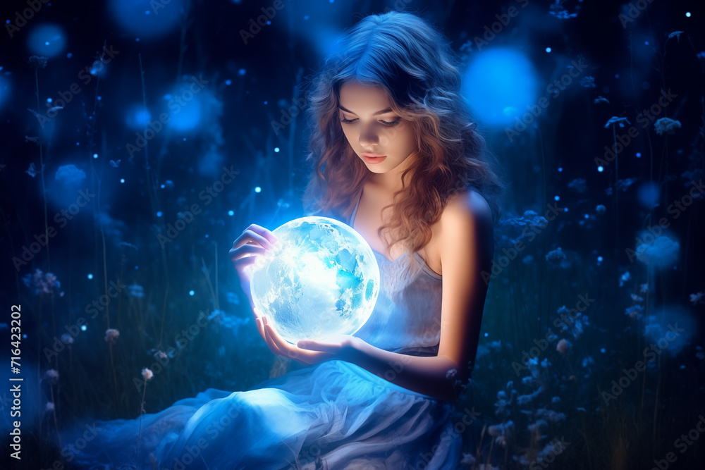 Naklejka premium Beautiful girl on a night with a magic ball. Astrology and Zodiac Concept. Generative Ai.