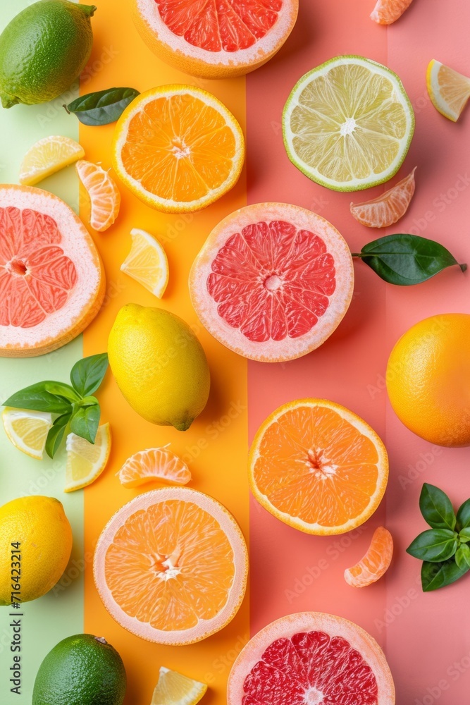 citruses and grapefruits cut and assembled on a multicolored background citruses and grapefruits cut and assembled on a multicolored background