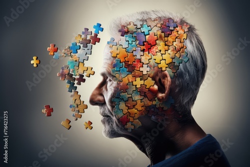 Cognitive decline, disorder, aging brain mosaic of thoughts forgetting dementia, mental mind patterns. Neuro creativity, innovative brainwaves ingenious, variegated neural landscape cognition tapestry © Leo