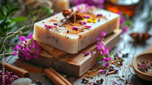 Natural handmade soap with organic medicinal plants, cinnamon spices and flowers. Homemade beauty products with natural essential oils from plants and flowers
