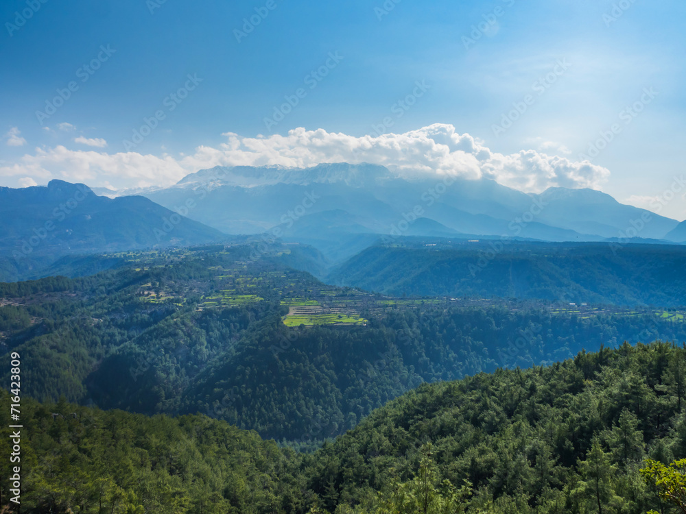View of a beautiful green mountain valley with different heights of mountains. Beautiful landscape in the mountains of Turkey. Hike concept. No people