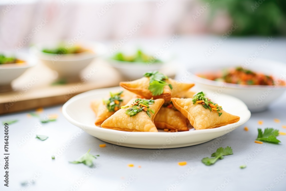 vegan samosas with coriander garnish on a ceramic plate vegan samosas with coriander garnish on a ceramic plate