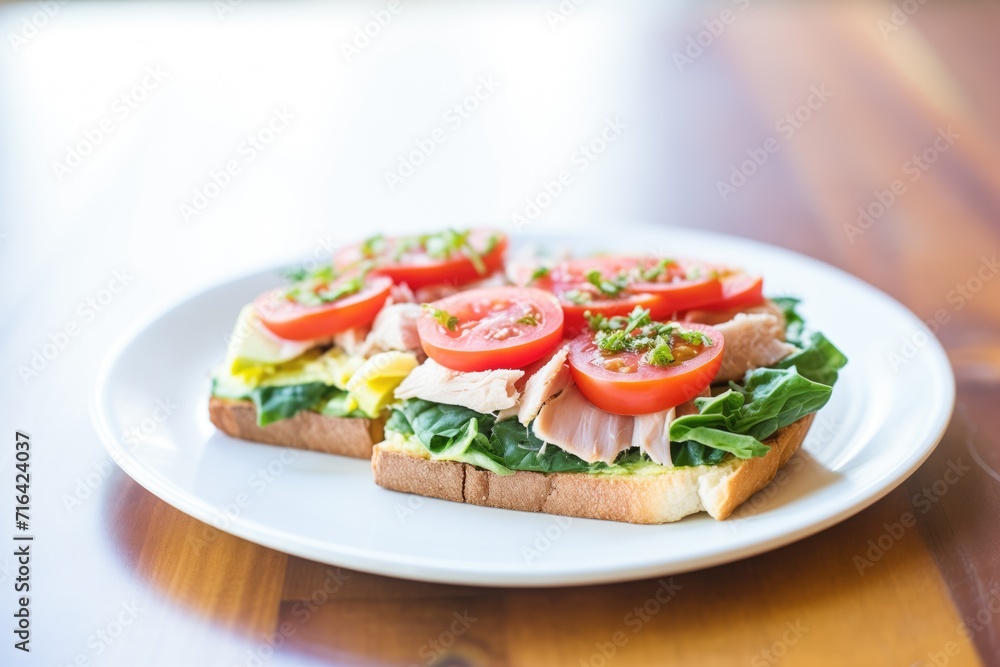tuna salad sub open-faced with tomato slices on top