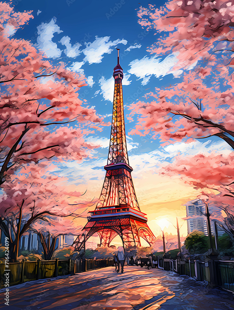 A Painting Of The Tokyo Tower, A Tower With Pink Trees And People Walking In The Background