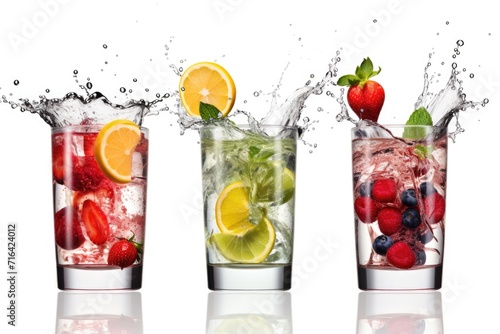 Fruit drink with splashes and drippings on white background