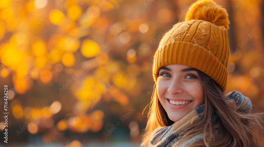 Portrait of young happy smiling girl in autumn park, positive cheerful young woman enjoying a walk outdoors in autumn forest Portrait of young happy smiling girl in autumn park, positive cheerful young woman enjoying a walk outdoors in autumn forest
