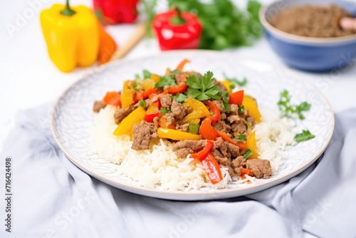 colorful peppers with rice and beef filling on a white plate
