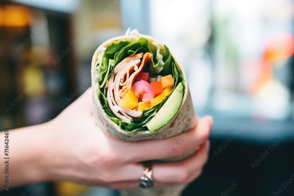 hand holding turkey avocado wrap, close-up shot hand holding turkey avocado wrap, close-up shot