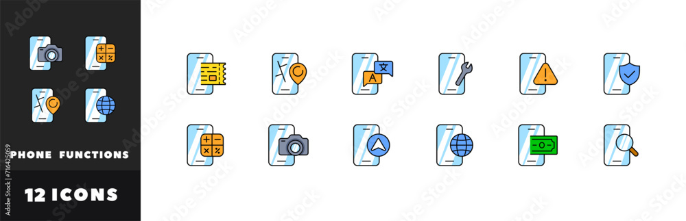 Phone functions icon set. Flat style. Vector icons