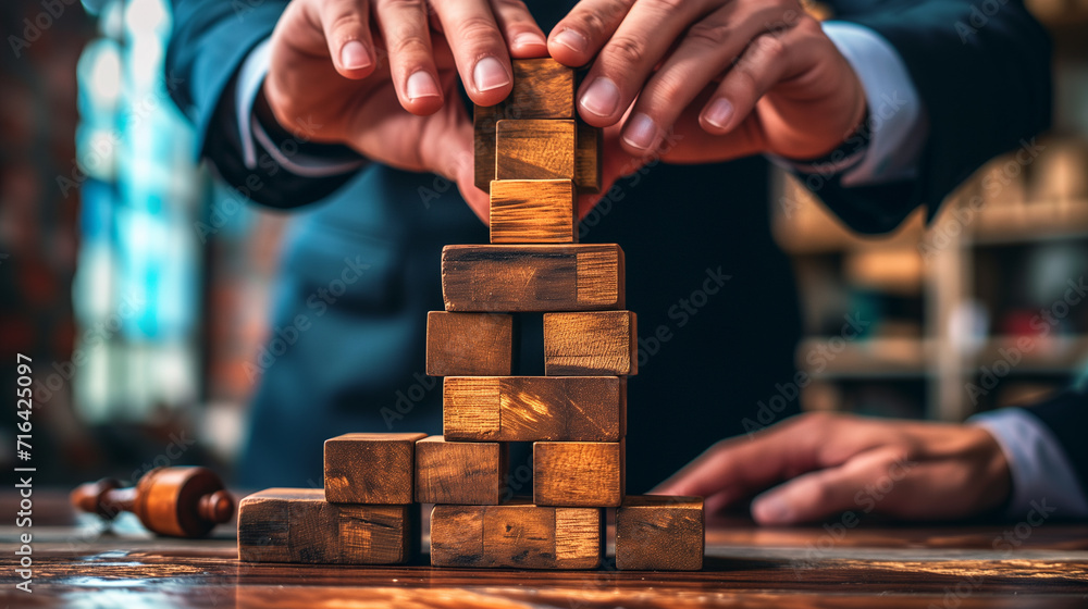 Businessman building blocks, design ideas and problem solving challenge. Engineering, planning and strategy , Generative AI - obrazy, fototapety, plakaty 