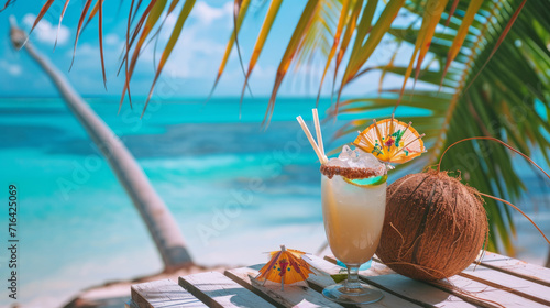 Fototapeta Naklejka Na Ścianę i Meble -  Cocktail in a coconut with straws and decor on the table, the ocean and a palm tree are in the background