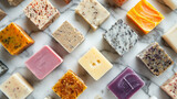 Top view of various handmade soap pieces on white marble surface