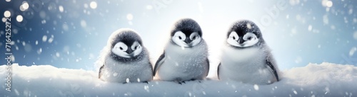 The heartwarming sight of penguin chicks huddled together in winter, enhanced by their cuteness and the glow of party lights.