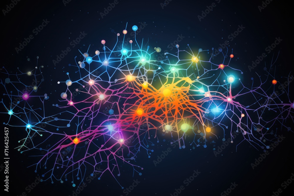 Fototapeta premium Vivid creative ideation - brain radiant symphony of ingenious imagery, wit neural graphics, psychedelic visualization. Chromatic neurons dance in witty, neural neon tapestry of imaginative thinking