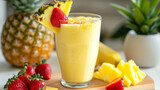 Tropical Pineapple Smoothie Served with Strawberries and Pineapple Slices