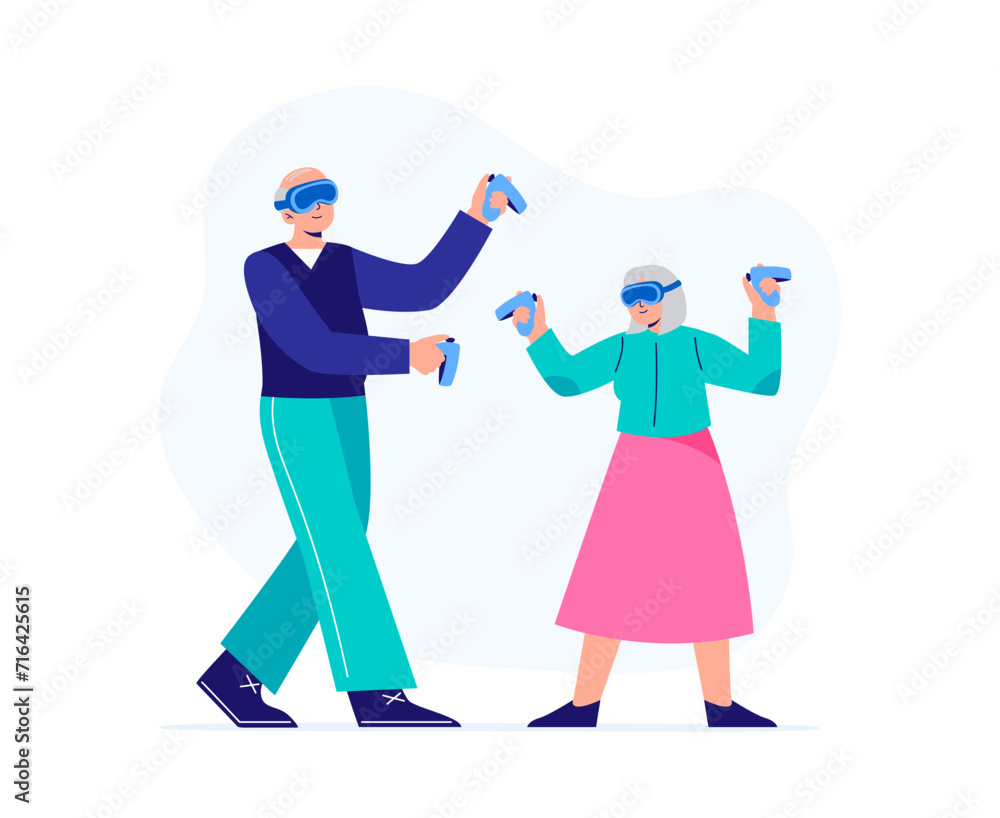 An elderly man and woman use virtual reality glasses for fun. Exploring a world and VR technology. Vector flat illustration isolated on the white background.