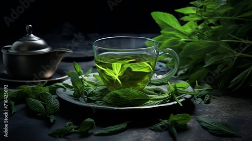 Tea in a cup with fresh mint leaves on a dark background.AI.